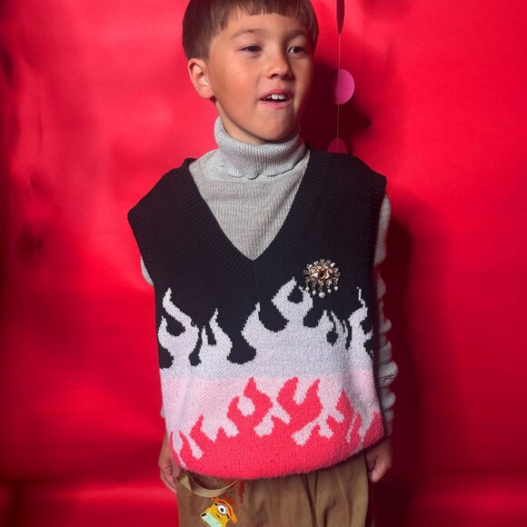 Unique 2-Piece Knit Set – Flame Vest + Beige Turtleneck – Kids & Teens - Picture 5 of 11